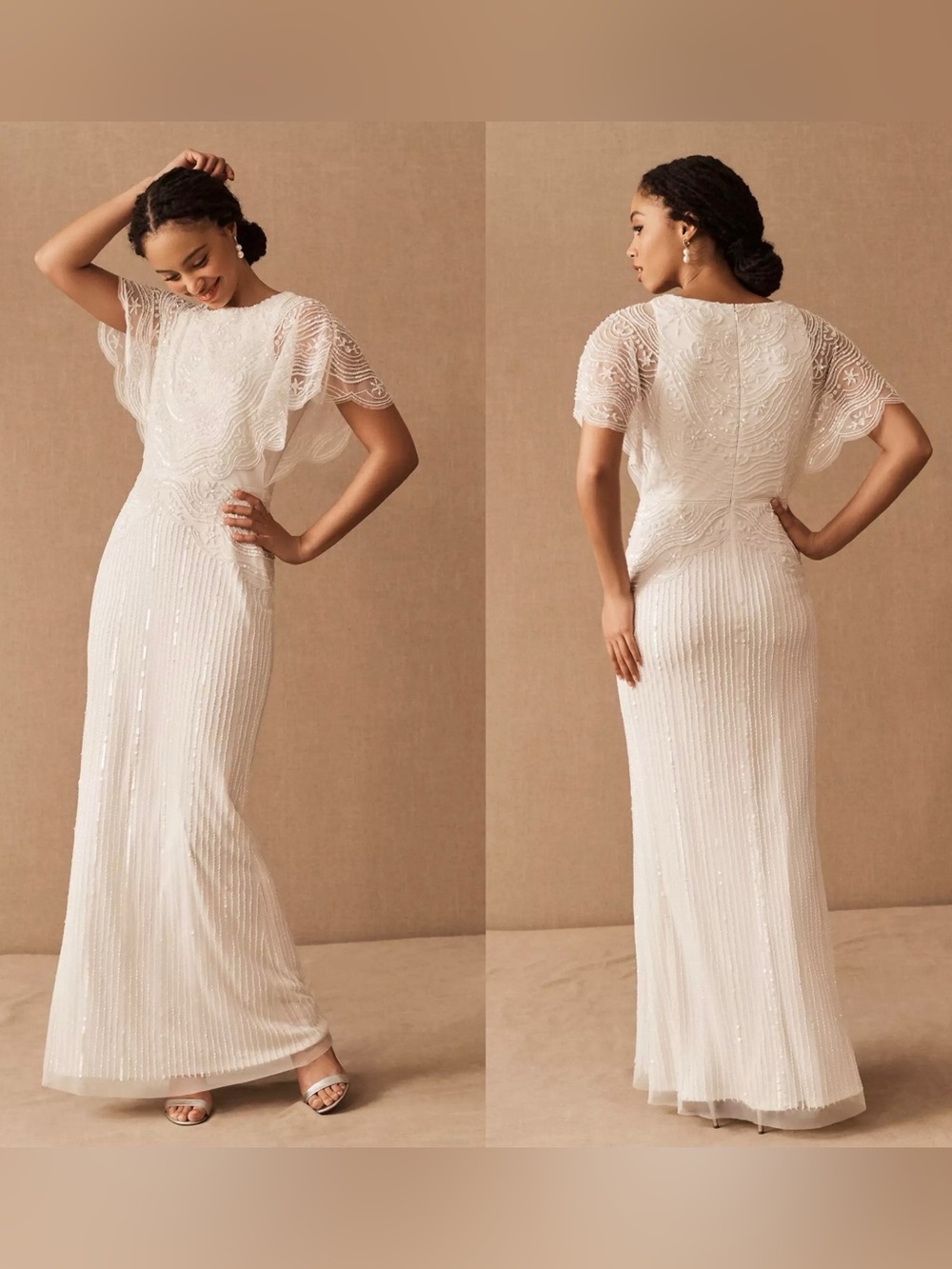 BHLDN Bonheur Beaded Sequin Maxi Dress Romantic Bridal Sheer Gown US 12 *Stain*